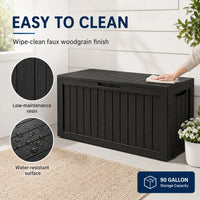 MINDYES 90 Gallon Deck Box, Outdoor Resin Storage Box with Gas Strut for Garden Patio Backyard, Black