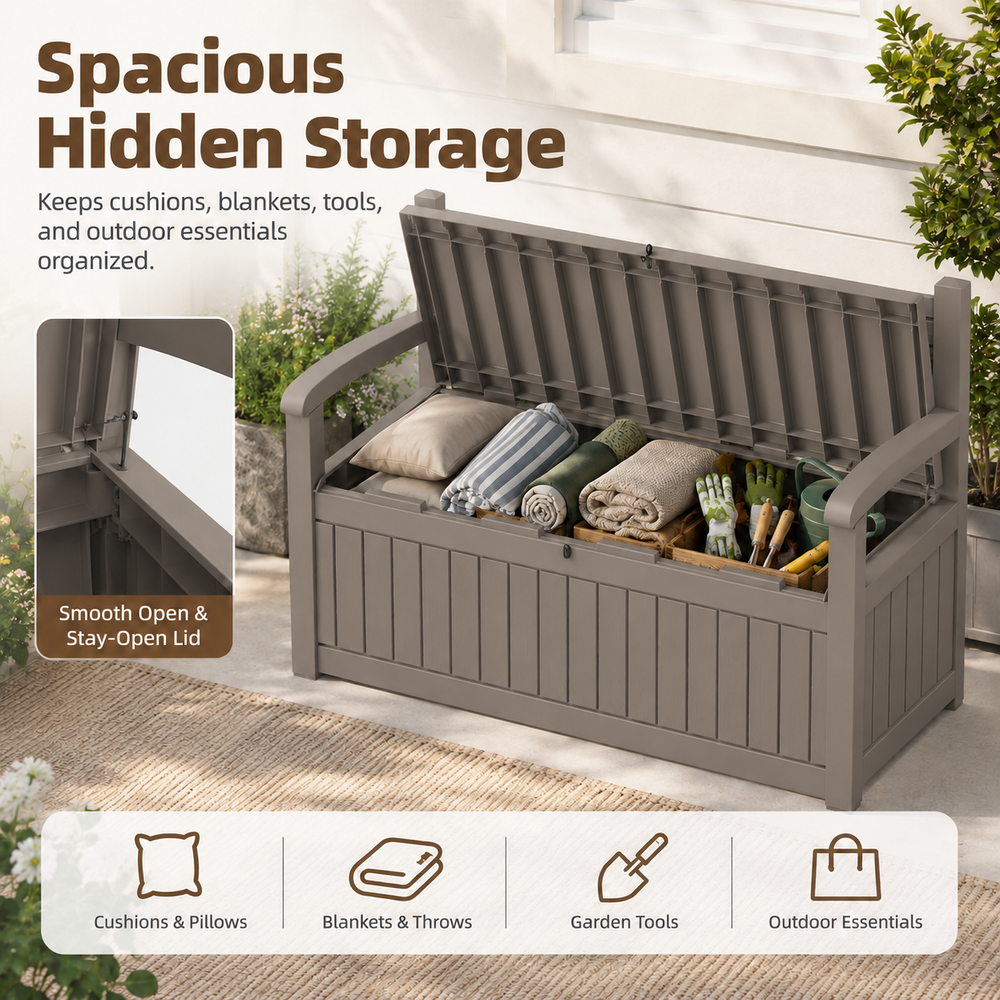 MINDYES Storage Bench and Deck Box Organization Storage Combi, 82 Gallon Outdoor Seating for Patios and Lawns, Light Brown