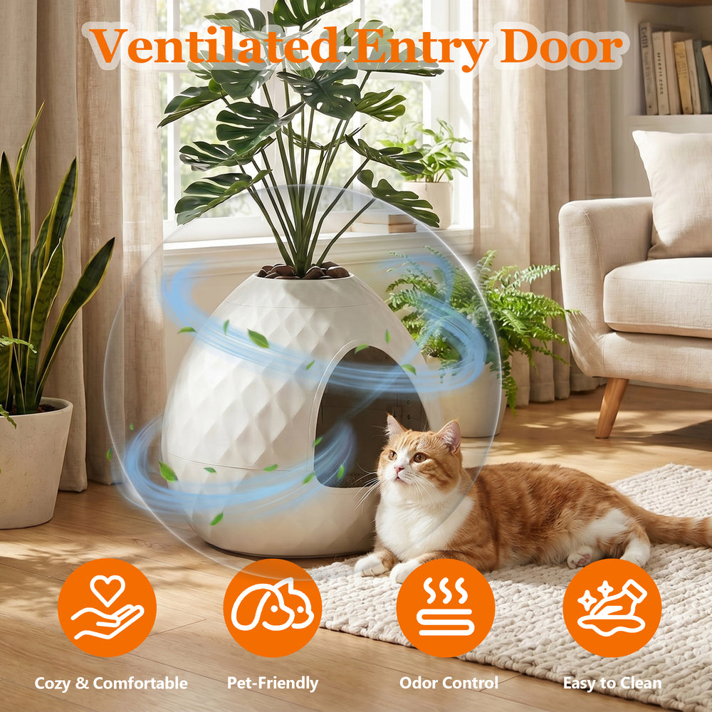 MINDYES Plant Hidden Cat Litter Box with Pebbles and Artificial Greenery, Home Decor Cat Boxs for All Cats, White