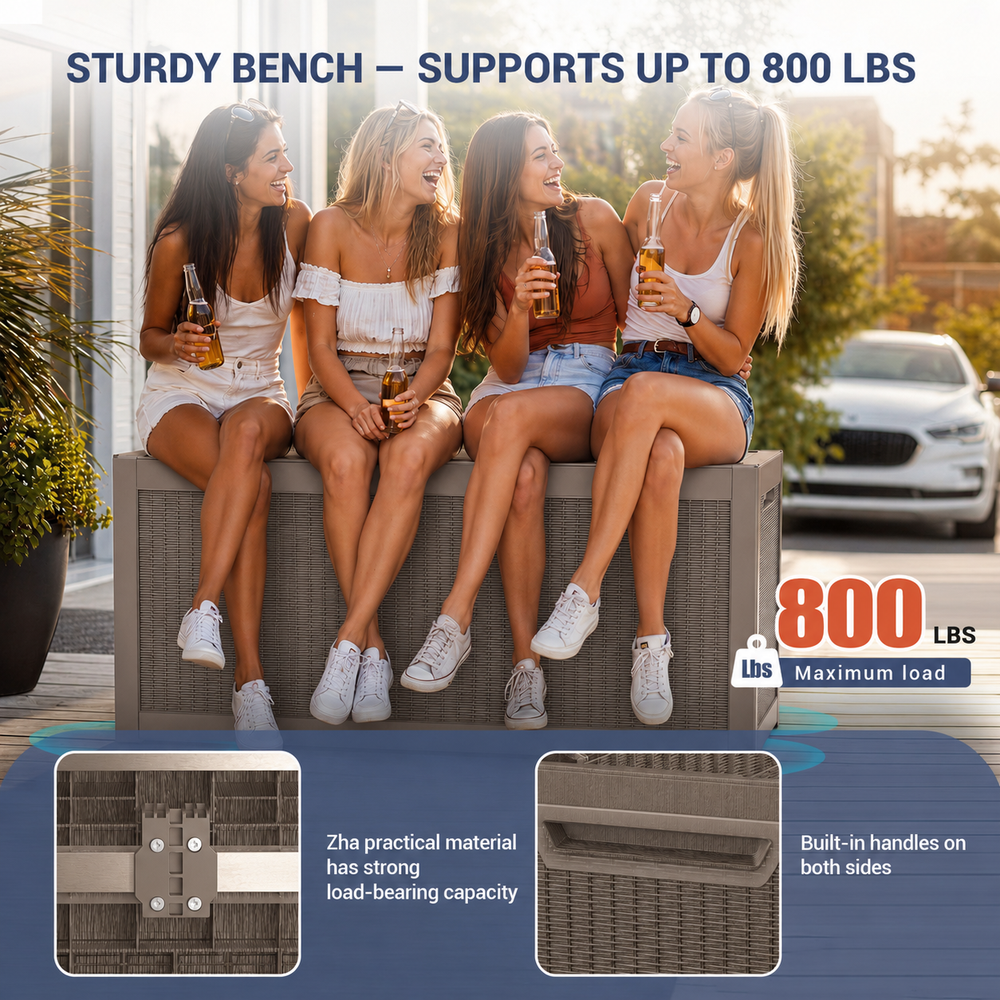 MINDYES 300 Gallon Deck Box, 3-IN-1 Outdoor Wicker Storage Box for Locker, Stool & Table, Beige