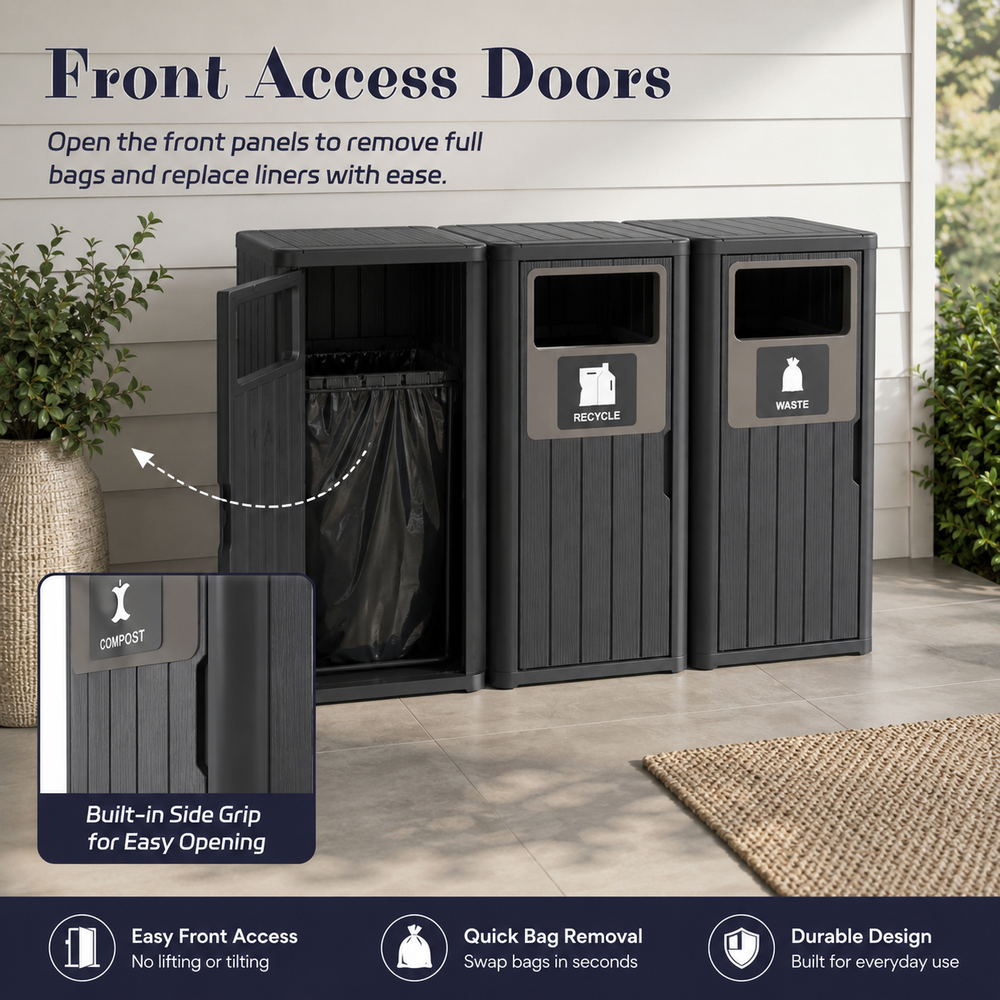 MINDYES 3-IN-1 Large Outdoor Trash Bin, 99 Gallon Waterproof Garbage Can with Garbage Labels for Roadside Bus Stop & Park, Black
