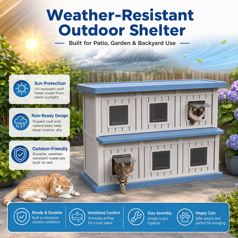 MINDYES Double-Layer Cat Bed, Indoor Outdoor Cat House Pet Shelter with Weatherproof Roof & Thickened Eaves for 6-12 Cats, Blue