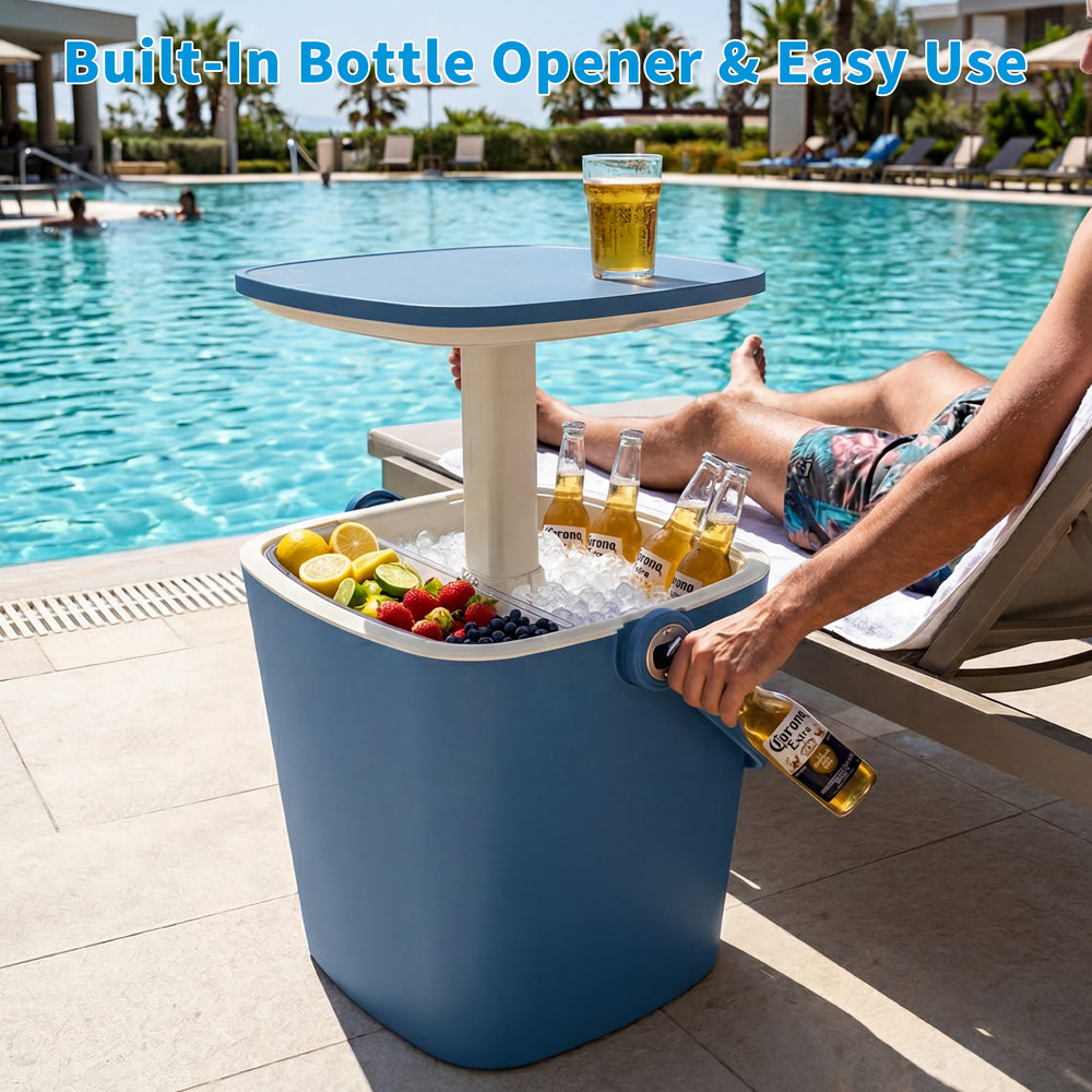 MINDYES Ice Bucket with Lid, Outdoor Beverage Cooler Table, Resin Patio Ice Bucket with Bottle Opener & Storage, Pool Party Drink Cooler, Blue