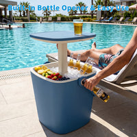 MINDYES Ice Bucket with Lid, Outdoor Beverage Cooler Table, Resin Patio Ice Bucket with Bottle Opener & Storage, Pool Party Drink Cooler, Blue