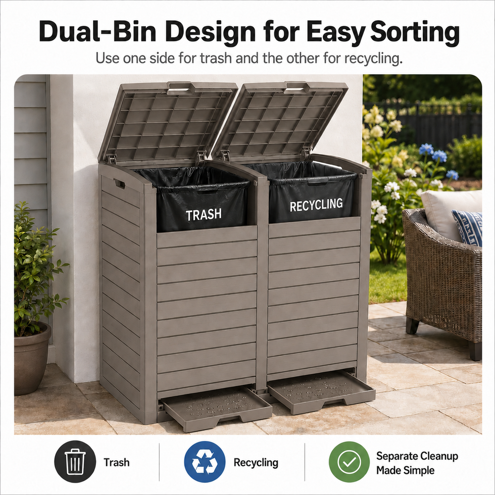 MINDYES Outdoor Trash Bin 62 Gallon Hideaway Garbage Can, Attached Lid, Light Brown