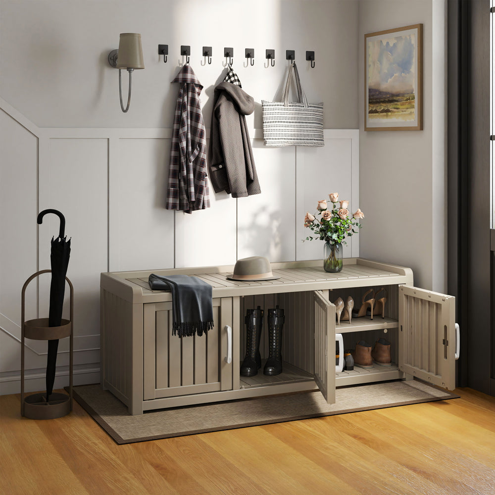 2-Tier Storage Bench Entryway Shoe Bench with 3 Doors and Adjustable Shelf