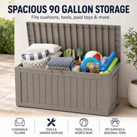 MINDYES 90 Gallon Outdoor Deck Box, Patio Storage Box with Gas Strut for Cushions, Holiday Decor & Garden Tools, Beige