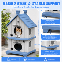MINDYES Double-Layer Outdoor Cat House with Ventilation Windows, Weatherproof Pet Shelter for Garden & Patio, Blue