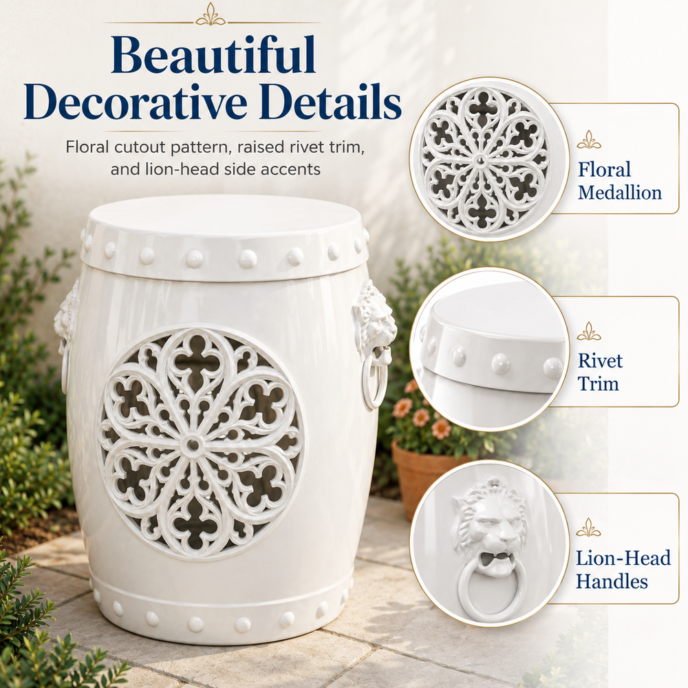 MINDYES 3-in-1 Faux Ceramic Garden Stool, Indoor Outdoor Furniture with Storage & Side Table, Home Collection for Patio Garden, White