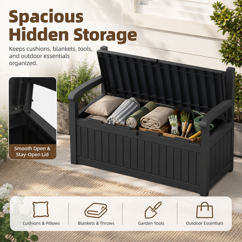 MINDYES 82 Gallon Outdoor Storage Bench and Deck Box Organization Storage Combi for Patio Garden, Black