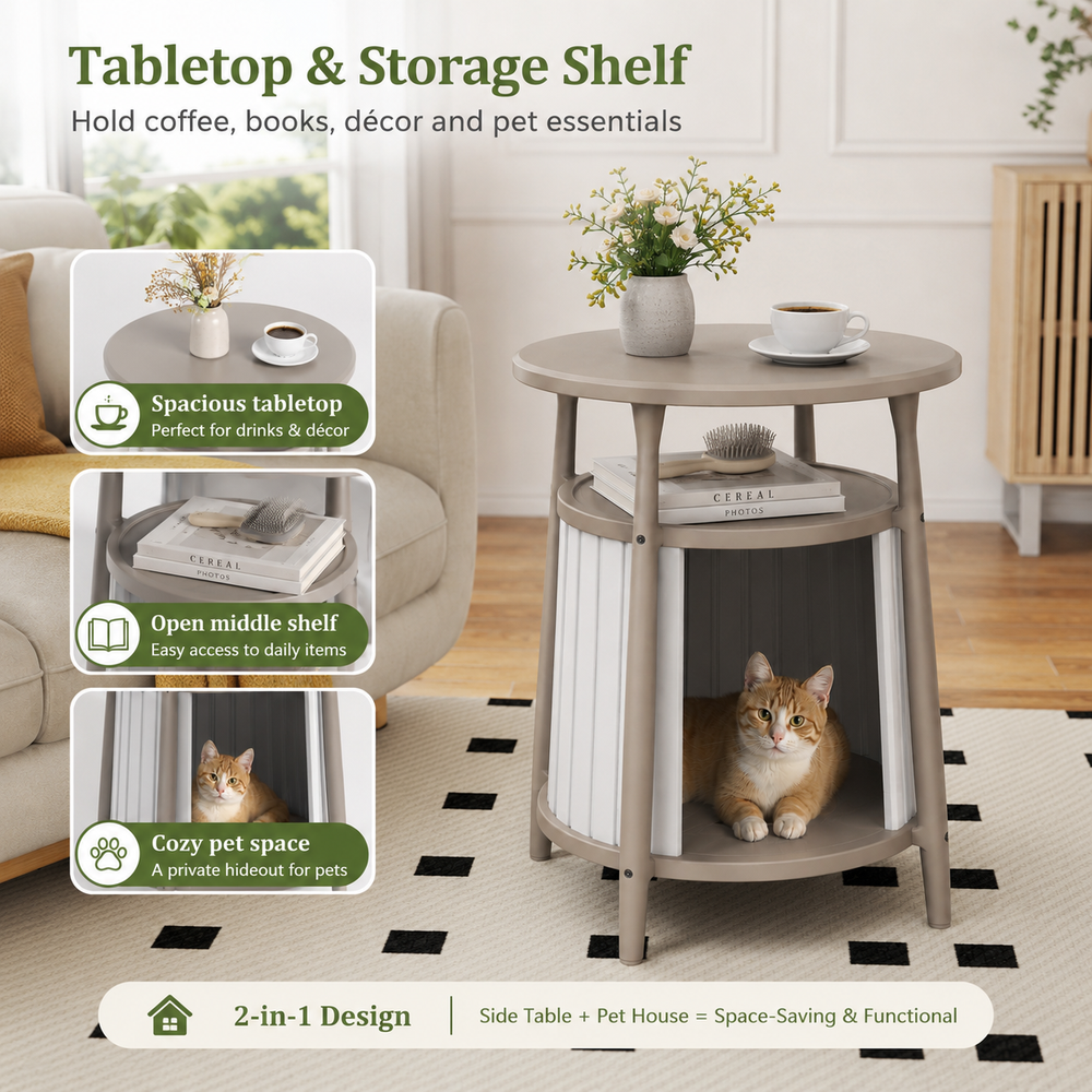 MINDYES 3-In-1 Cat Bed Furniture, Coffee Table Stool or Cat House for Indoor & Outdoor, Light Brown