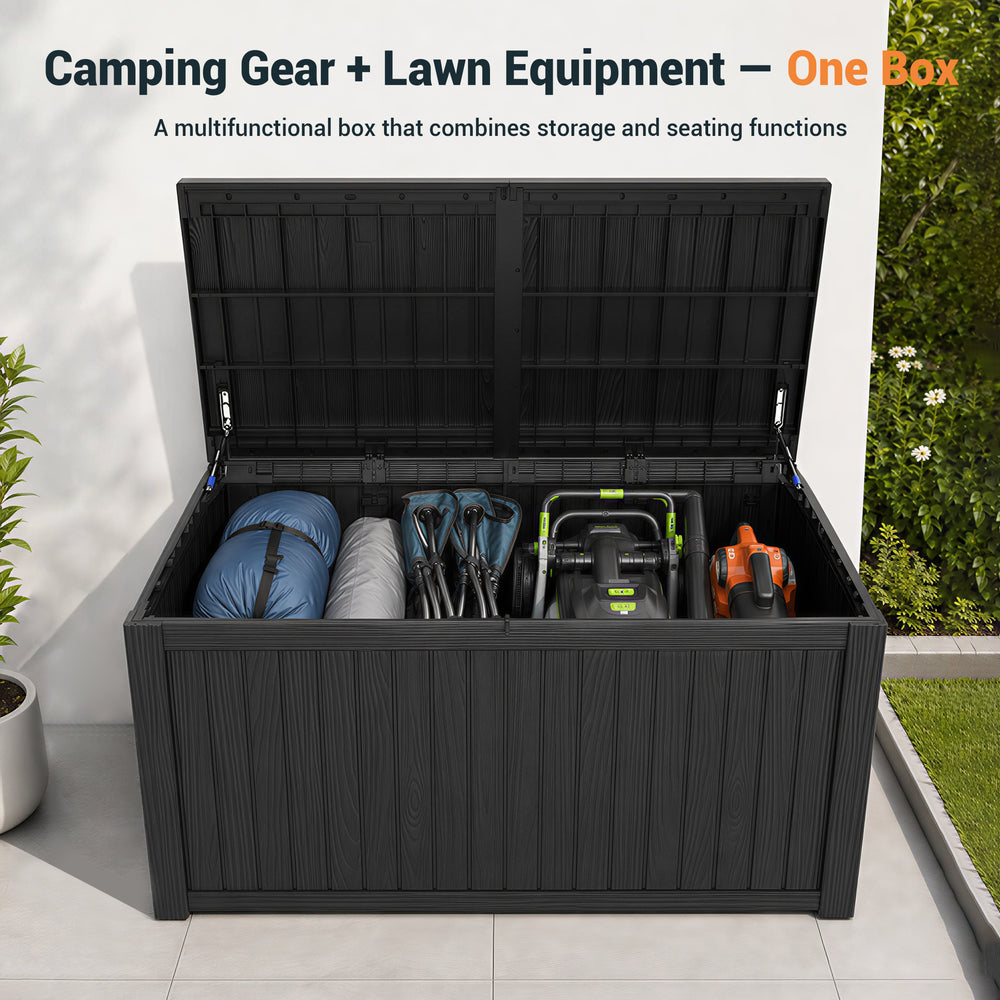 MINDYES 210 Gallon Deck Box, Mega Outdoor Storage Cabinet for Patio Furniture Cushions, Pool Equipment & Holiday Decor, Black