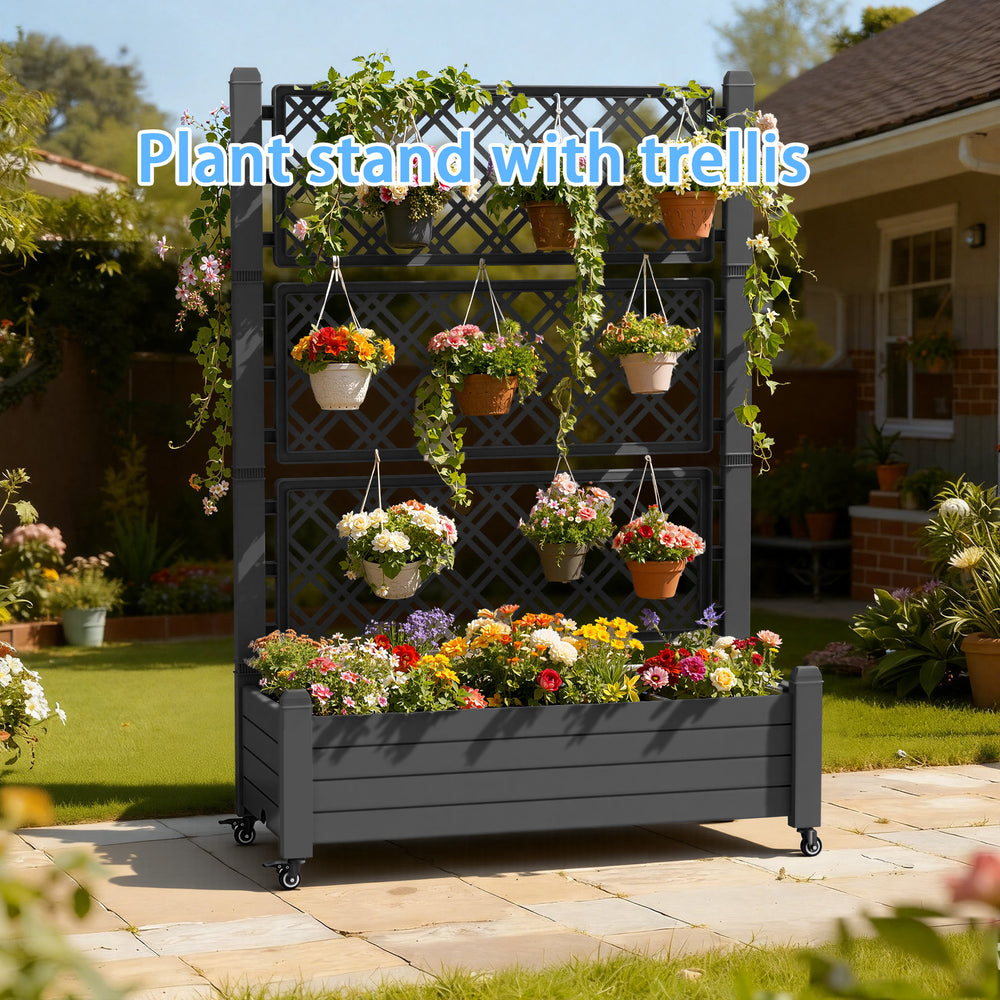 MINDYES Outdoor Raised Garden Bed With Trellis, Backyard Above Ground Large Garden Planter Boxes with Legs & Wheels 43.43*18.27*64.29