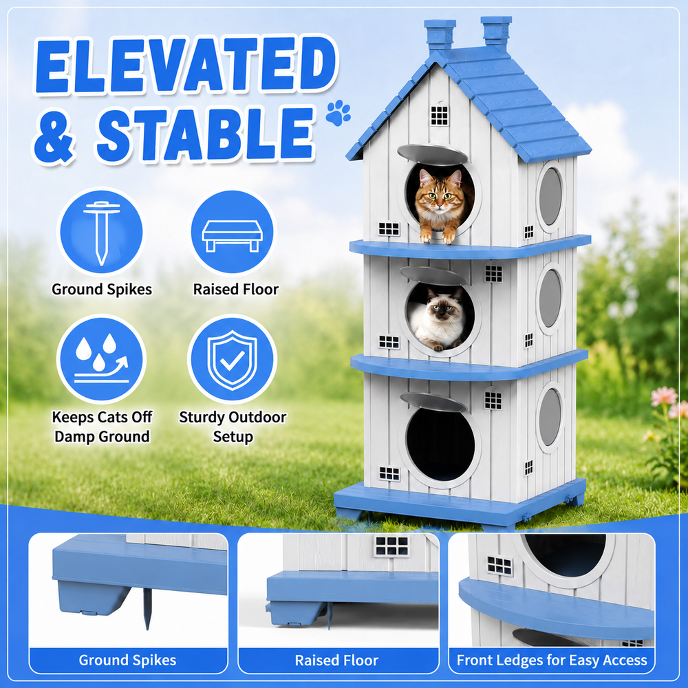 MINDYES Outdoor Three-Tier Cat Bed, Weatherproof Cat House Pet Shelter for Garden & Patio, Blue