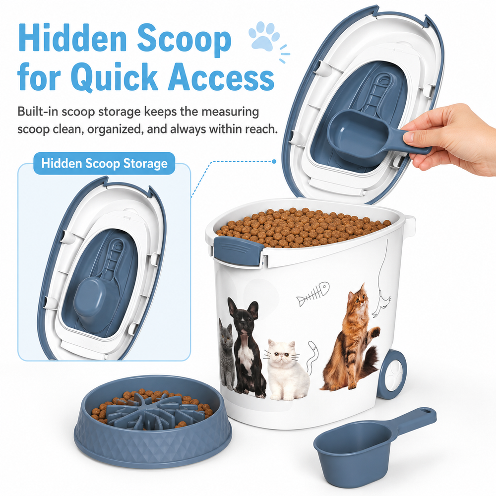 MINDYES 32 Lb Airtight Pet Food Storage Container, Dog & Cat Food Storage Bin with Scoop and Slow-Feeder Bowl