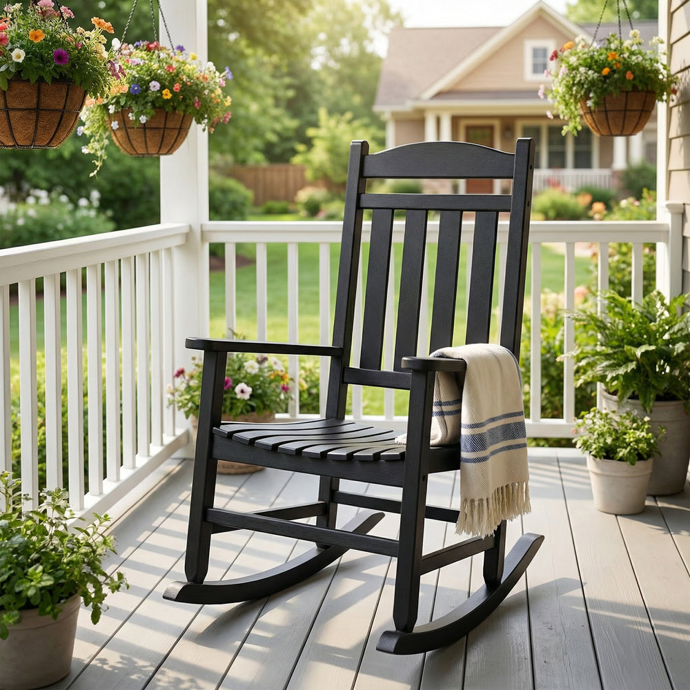 MINDYES Outdoor Rocking Chair, All-Weather Patio Rocker for Balcony Backyard Poolside, Black