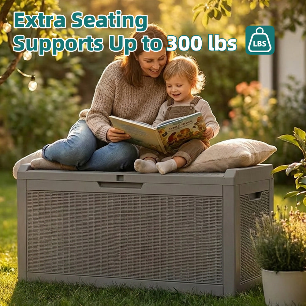 MINDYES 70 Gallon Resin Deck Box, Patio Cushions, Wicker Outdoor Storage Box Pool Toys & Garden Tools, Beige