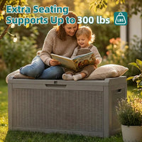 MINDYES 70 Gallon Resin Deck Box, Patio Cushions, Wicker Outdoor Storage Box Pool Toys & Garden Tools, Beige