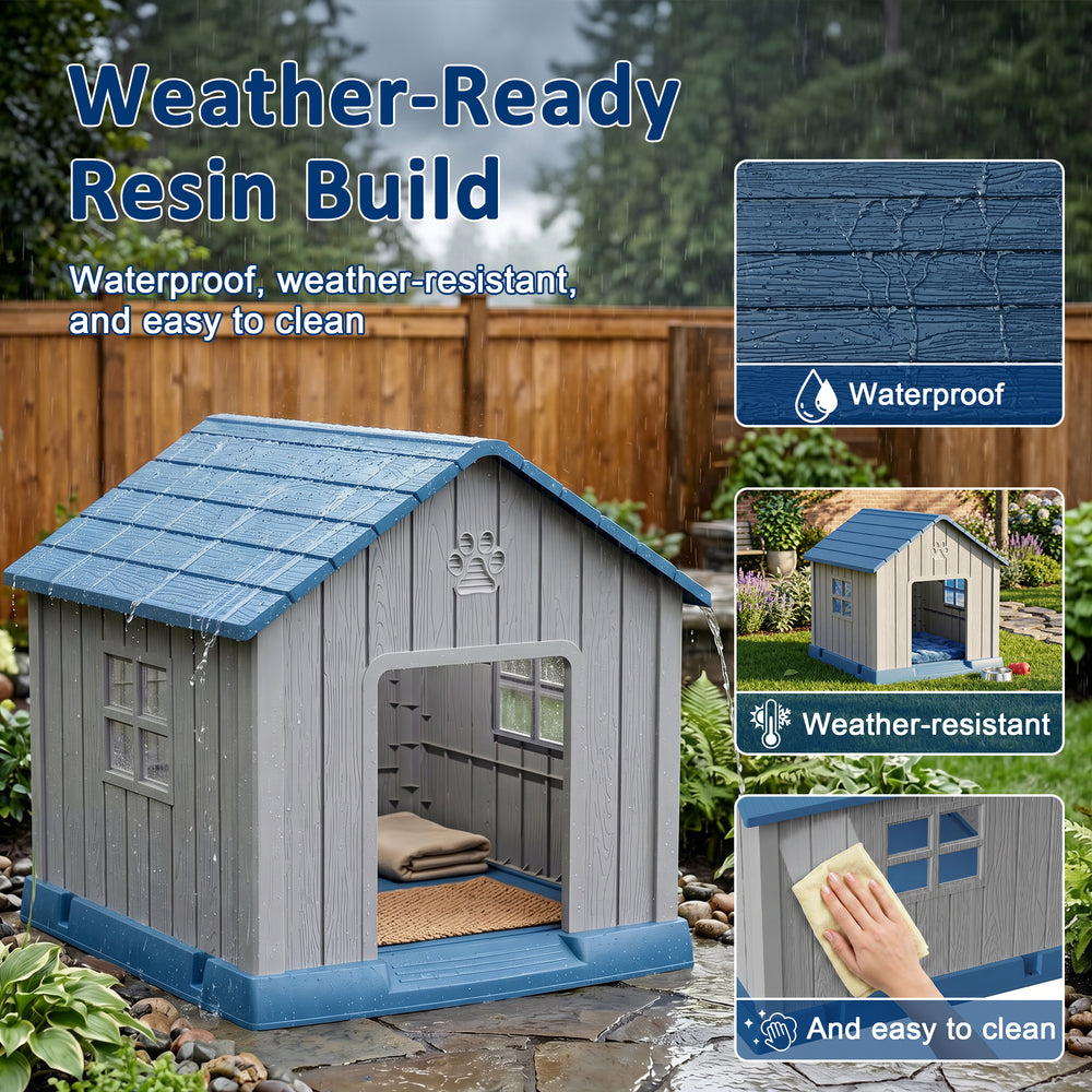 MINDYES Outdoor Dog House with Weatherproof Asphalt Roof & Window, Blue