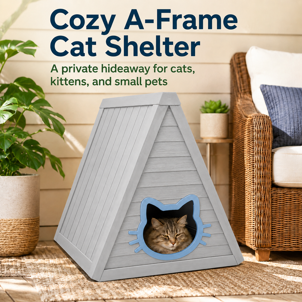 MINDYES Cat House, Indoor Outdoor Pet Shelter with Weatherproof Roof & Cat-shaped Door for All Small Pets, Gray