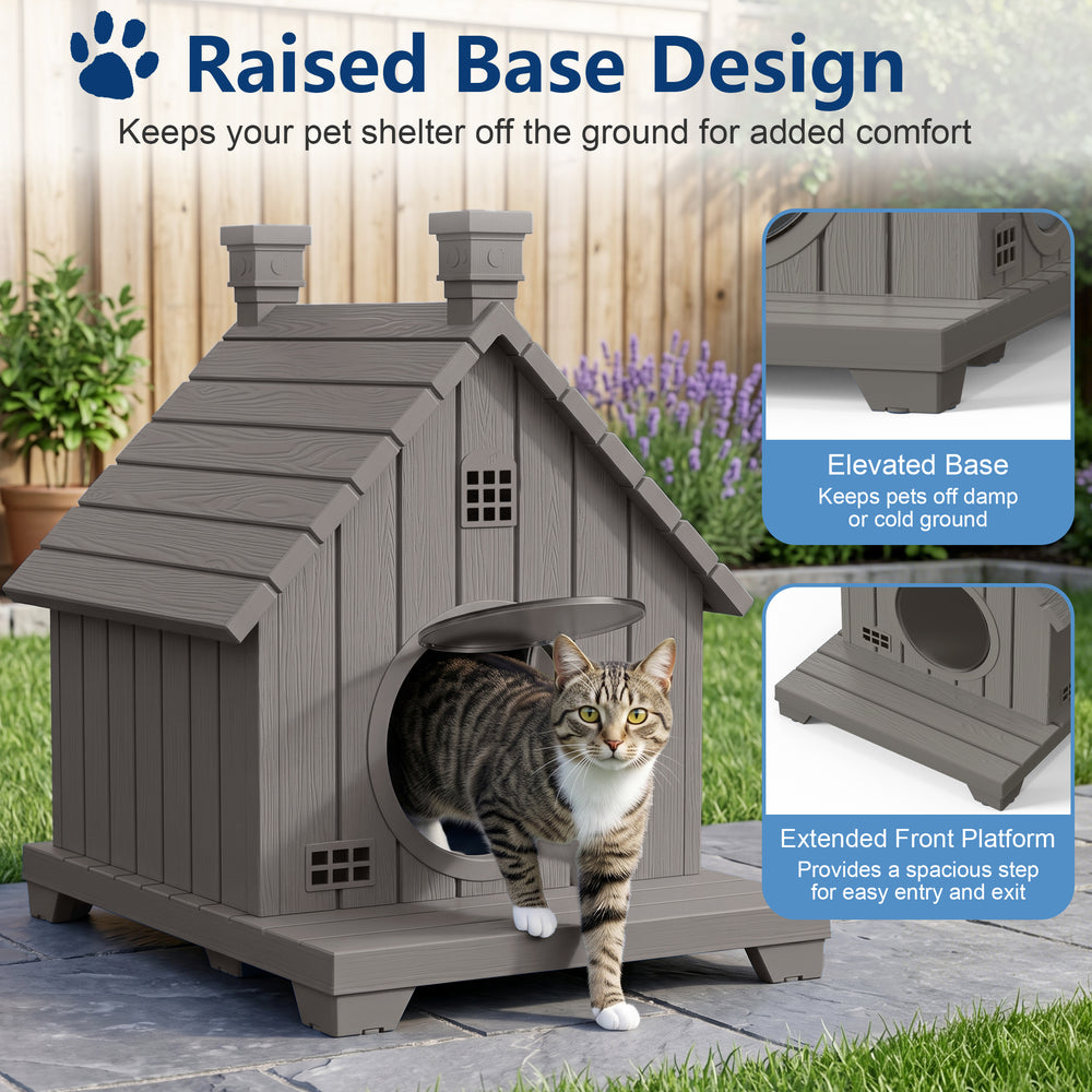 MINDYES Cat House Outdoor Pet Shelter Weatherproof Faux Wood for Cats, Kittens & Small Dog, Light Brown