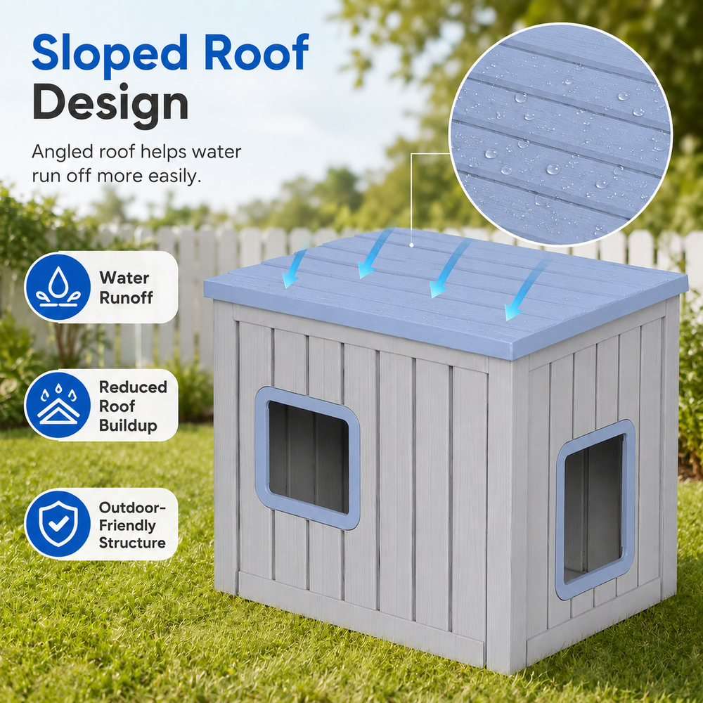MINDYES Cat House, Outdoor Pet Shelter with Weatherproof Roof Removable Lids & Ventilation window, Blue