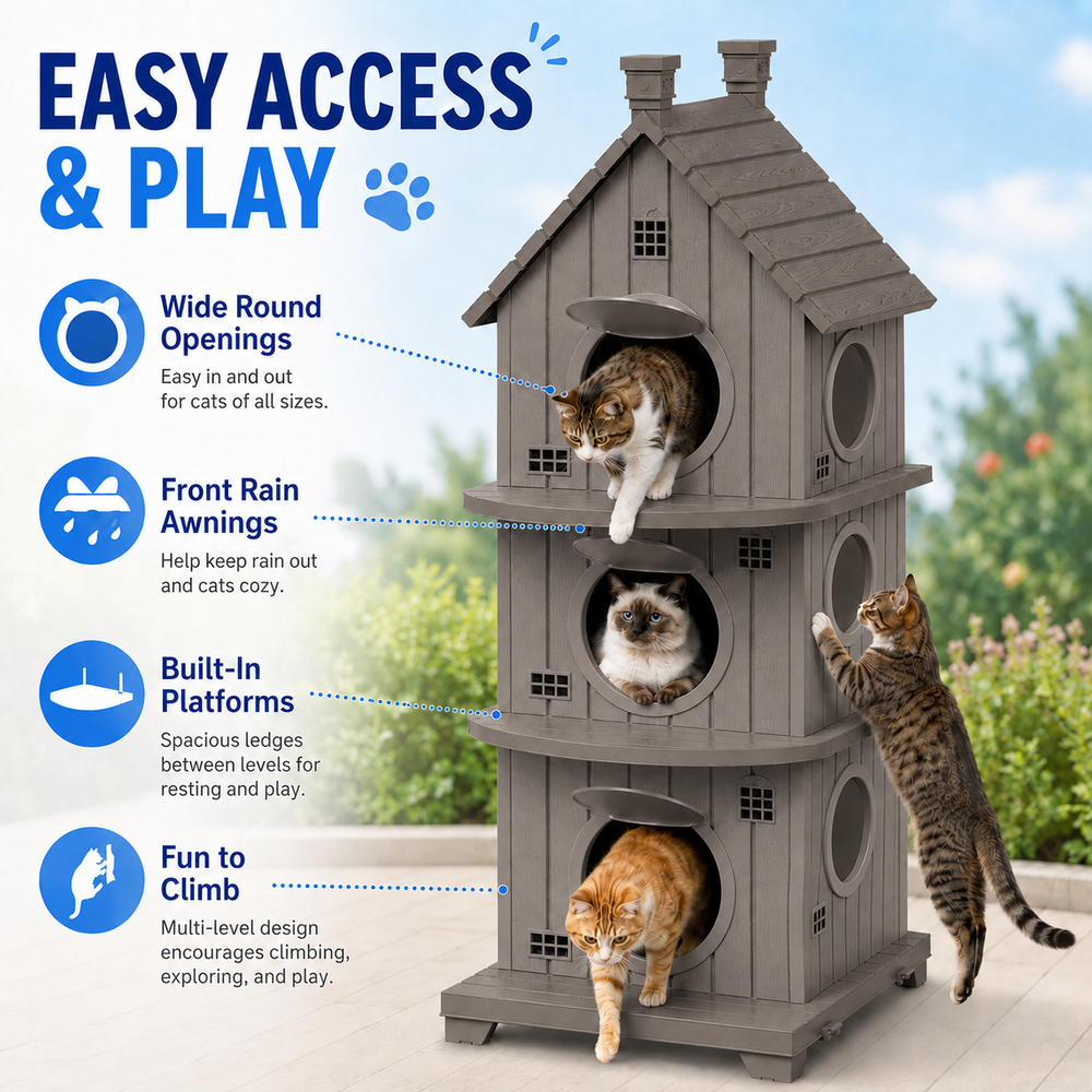 MINDYES Cat House, Weatherproof Outdoor Three-Tier Cat Bed for Garden & Patio, Light Brown