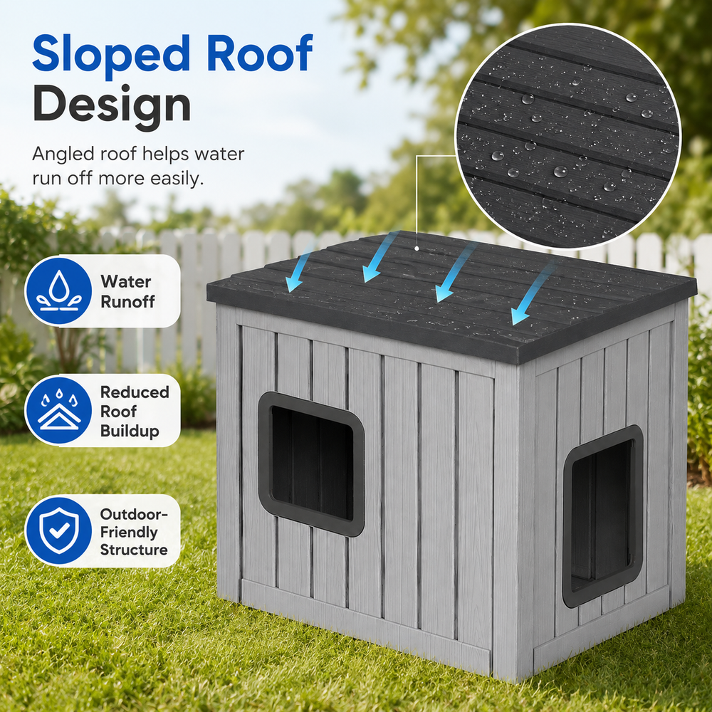 MINDYES Outdoor Cat House, Weatherproof Roof Removable Lids & Ventilation window for Cats Kittens & Puppies, Gray