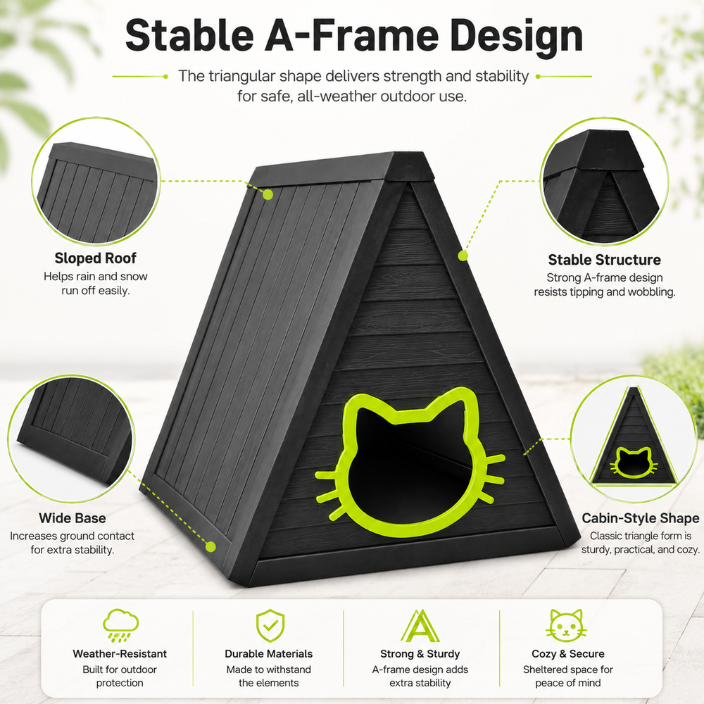 MINDYES Outdoor Cat House, Weatherproof Roof & Cat-shaped Door for Cats Kittens & Puppies, Black