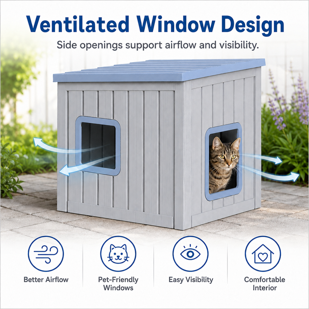 MINDYES Cat House, Outdoor Pet Shelter with Weatherproof Roof Removable Lids & Ventilation window, Blue
