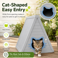 MINDYES Cat House, Indoor Outdoor Pet Shelter with Weatherproof Roof & Cat-shaped Door for All Small Pets, Gray