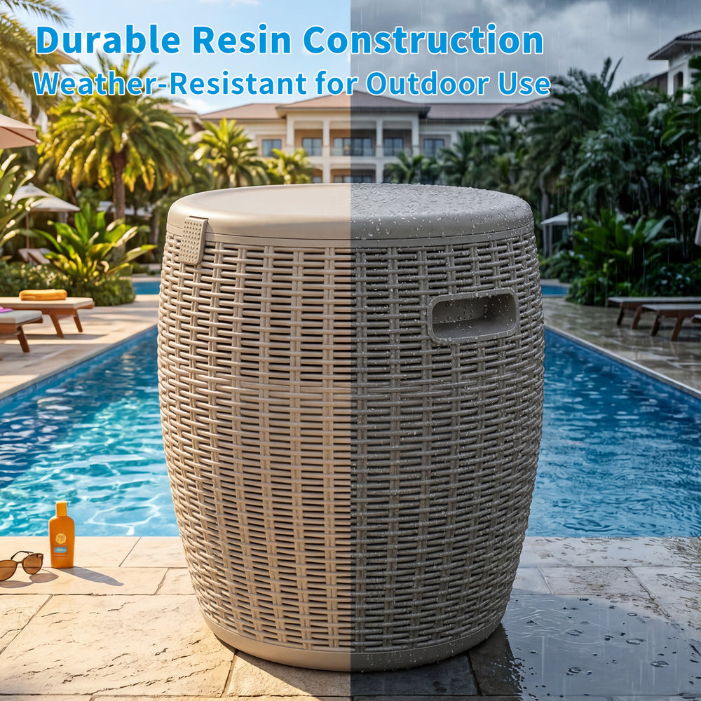 MINDYES 4-IN-1 Outdoor Patio Garden Furniture, Stool Storage Box Cool Bar Table Side Table with 10 Gallon Ice Bucket, Beige