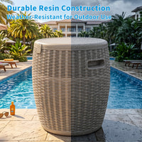 MINDYES 4-IN-1 Outdoor Patio Garden Furniture, Stool Storage Box Cool Bar Table Side Table with 10 Gallon Ice Bucket, Beige