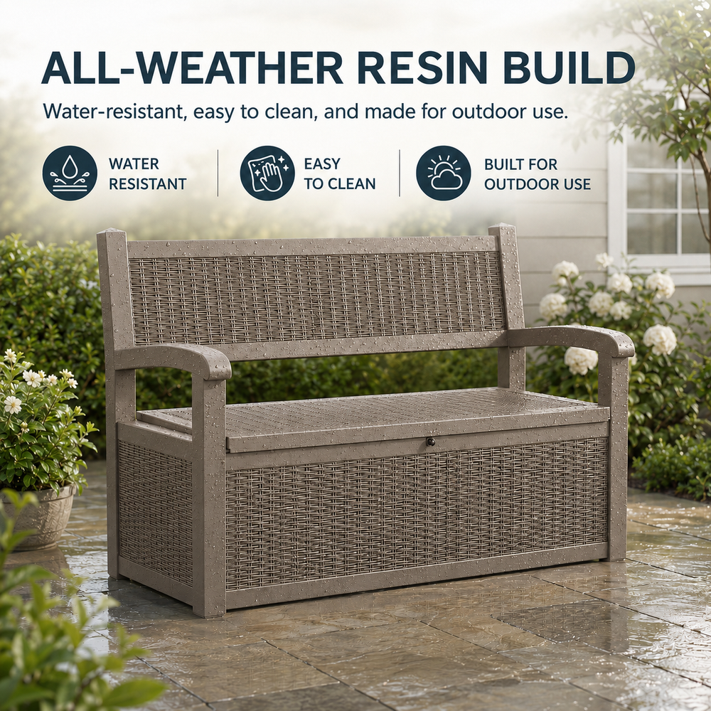 MINDYES Outdoor Storage Bench, 82 Gallon Wicker Deck Box and Organization Storage Combi for Cushions & Garden Tools, Light Brown