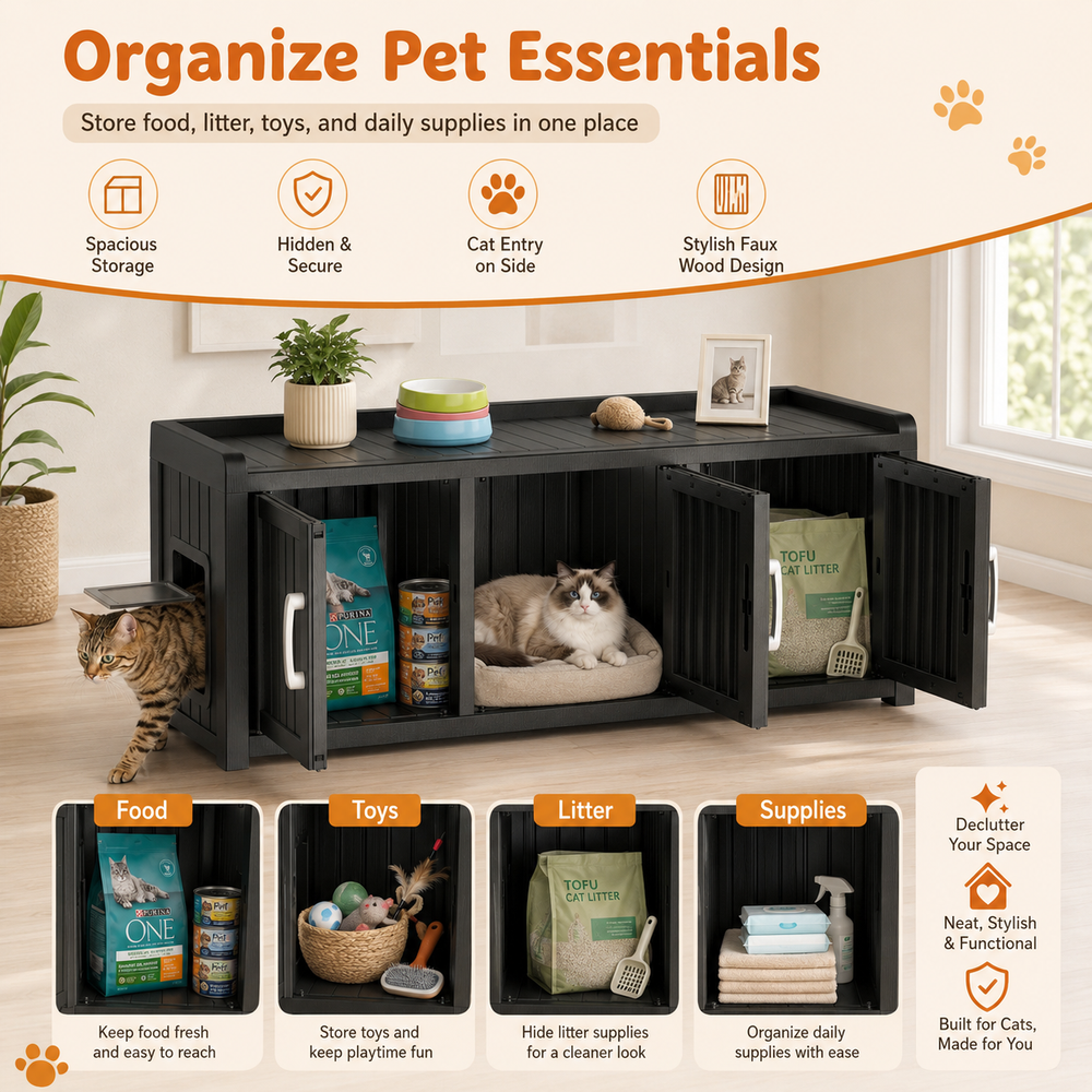 MINDYES 3-Cabin Hidden Cat Litter Box Enclosure Furniture for Bedroom Hallway, Black