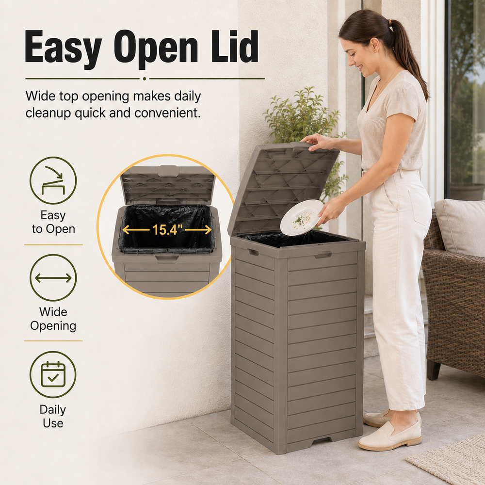 MINDYES Outdoor Trash Bin with Lid & Drip Tray, Hideaway Garbage Can, Light Brown