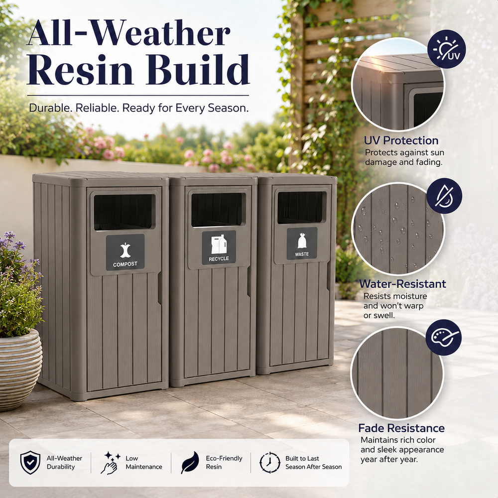 MINDYES 99 Gallon Large Outdoor Trash Can, Waste Container with Garbage Labels for Patio Porch & Backyard, Light Brown