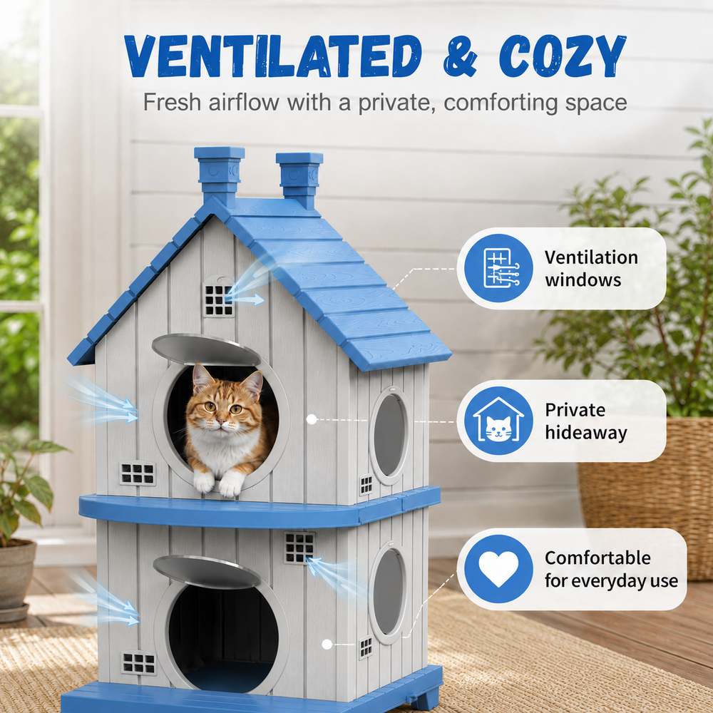MINDYES Double-Layer Outdoor Cat House with Ventilation Windows, Weatherproof Pet Shelter for Garden & Patio, Blue
