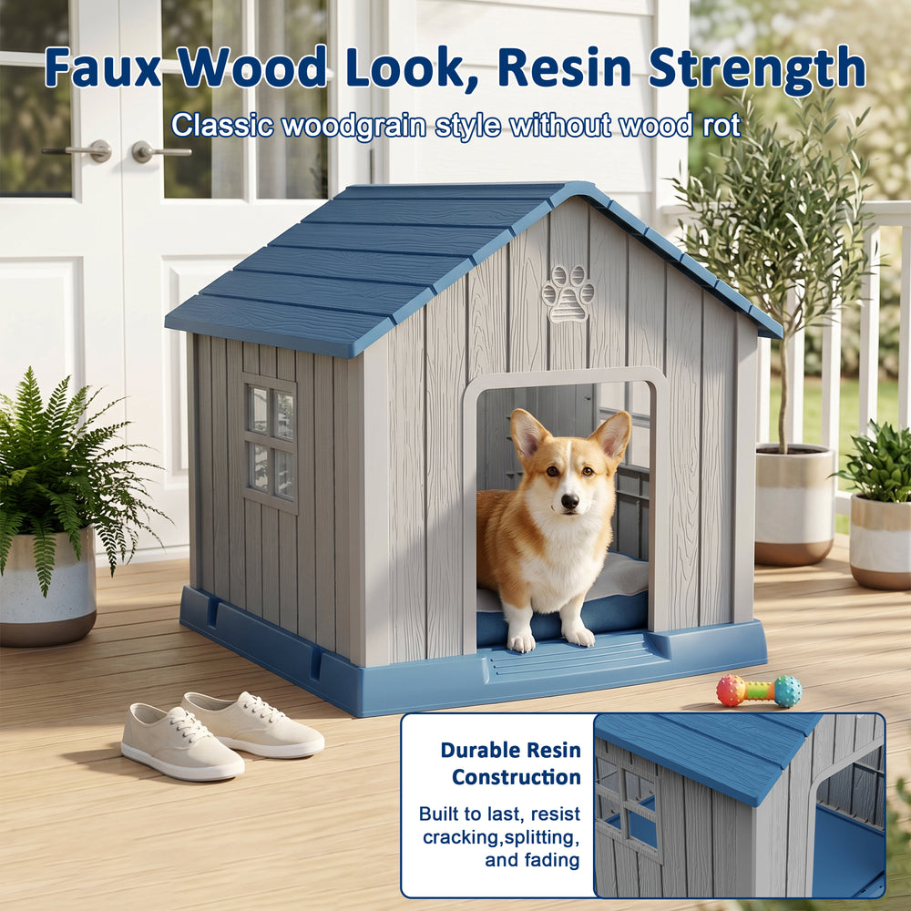 MINDYES Outdoor Dog House with Weatherproof Asphalt Roof & Window, Blue