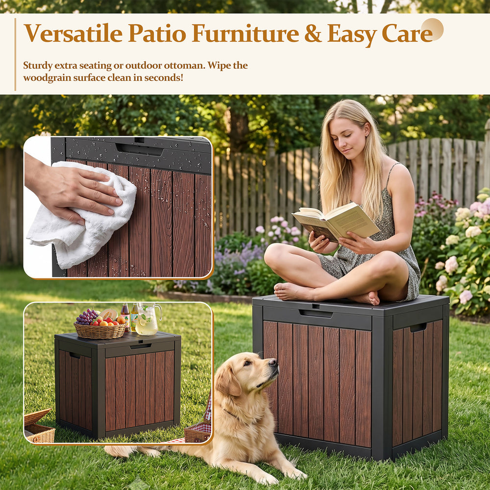 MINDYES 35 Gallon Outdoor Deck Box, Resin Walnut Wood Storage Boxs for Backyard Patio Gaden