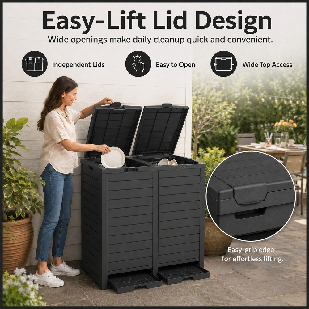 MINDYES 62 Gallon Outdoor Trash Can with Lid,  Hideaway Garbage Can for Patio Porch & Backyard, Black