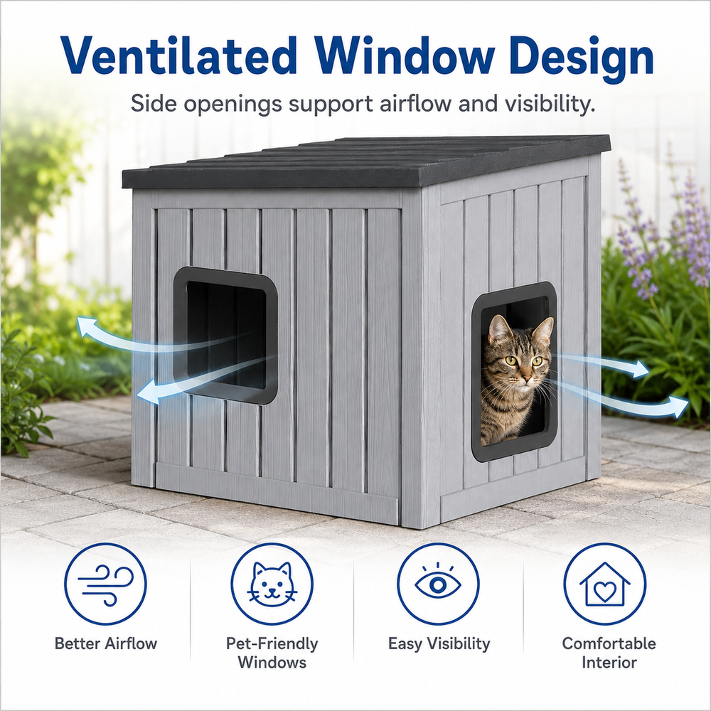 MINDYES Outdoor Cat House, Weatherproof Roof Removable Lids & Ventilation window for Cats Kittens & Puppies, Gray