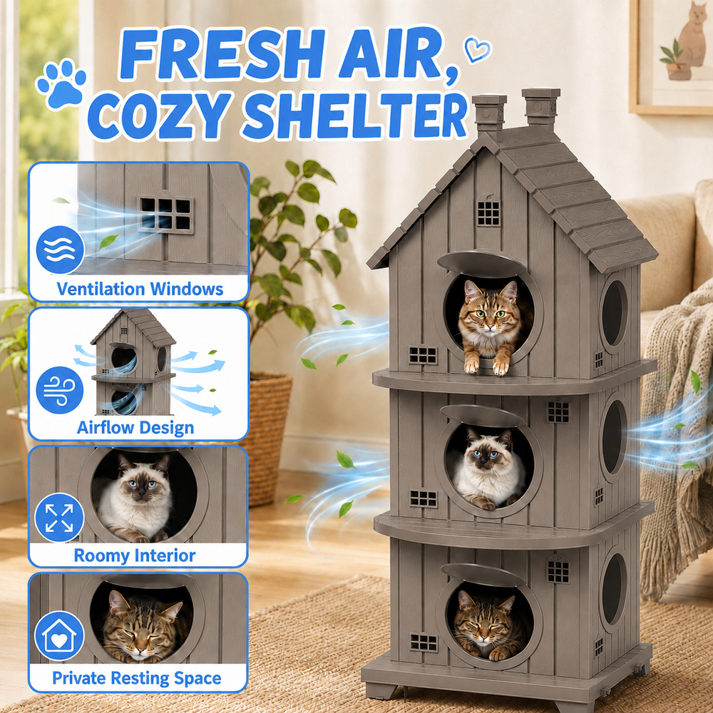 MINDYES Cat House, Weatherproof Outdoor Three-Tier Cat Bed for Garden & Patio, Light Brown
