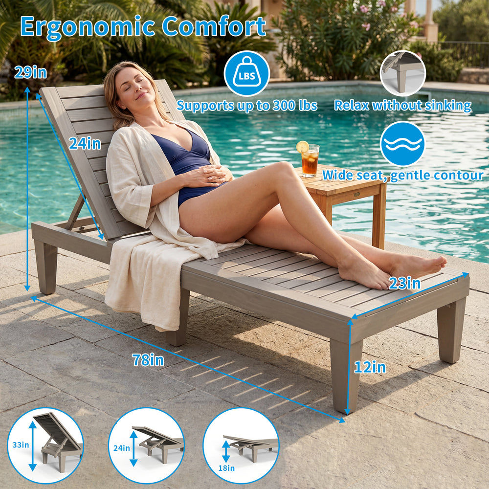 MINDYES Backyard Patio Lounge Chair, Wood Look Pool 5 Positions Chaise Lounge Chair, Beige