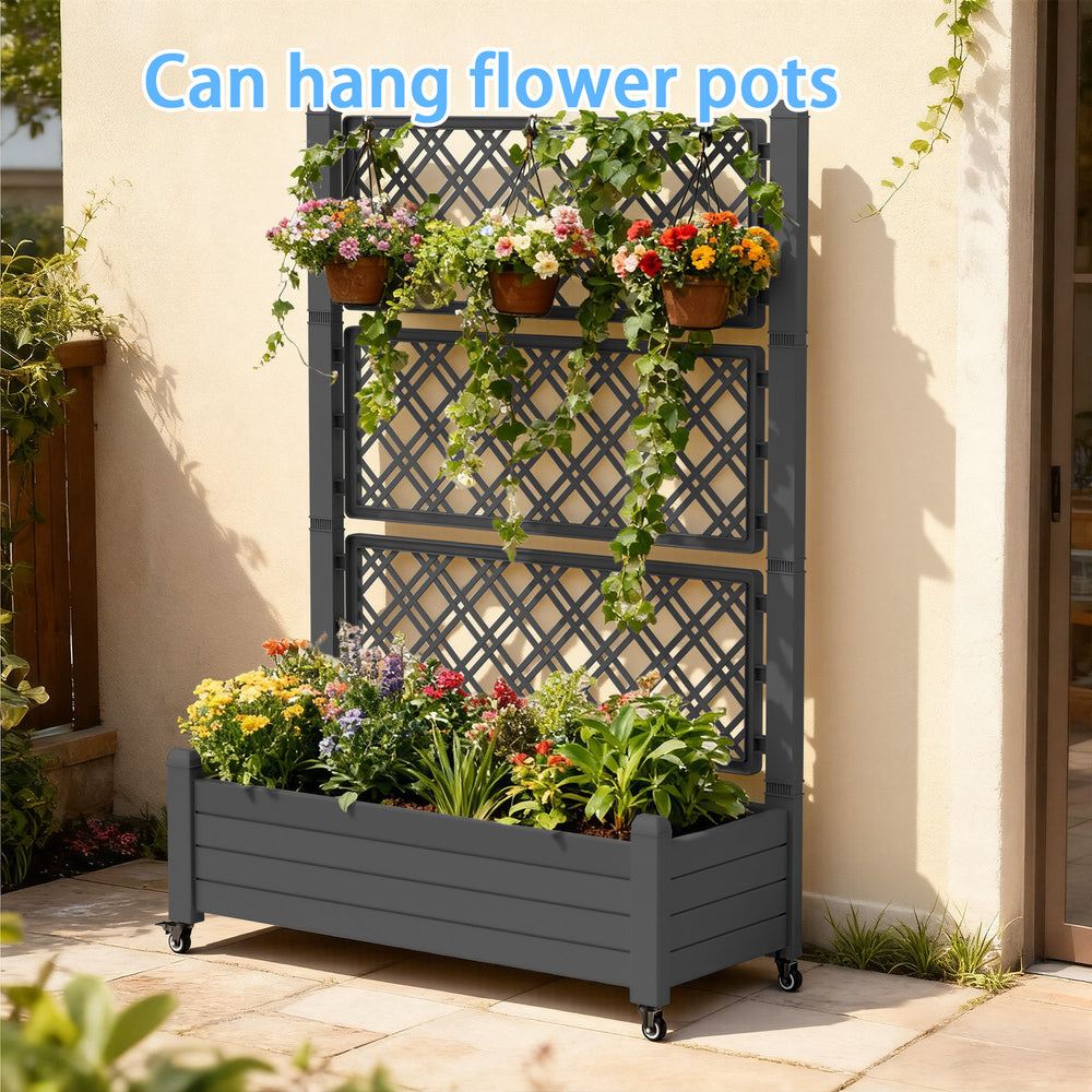 MINDYES Outdoor Raised Garden Bed With Trellis, Backyard Above Ground Large Garden Planter Boxes with Legs & Wheels 43.43*18.27*64.29