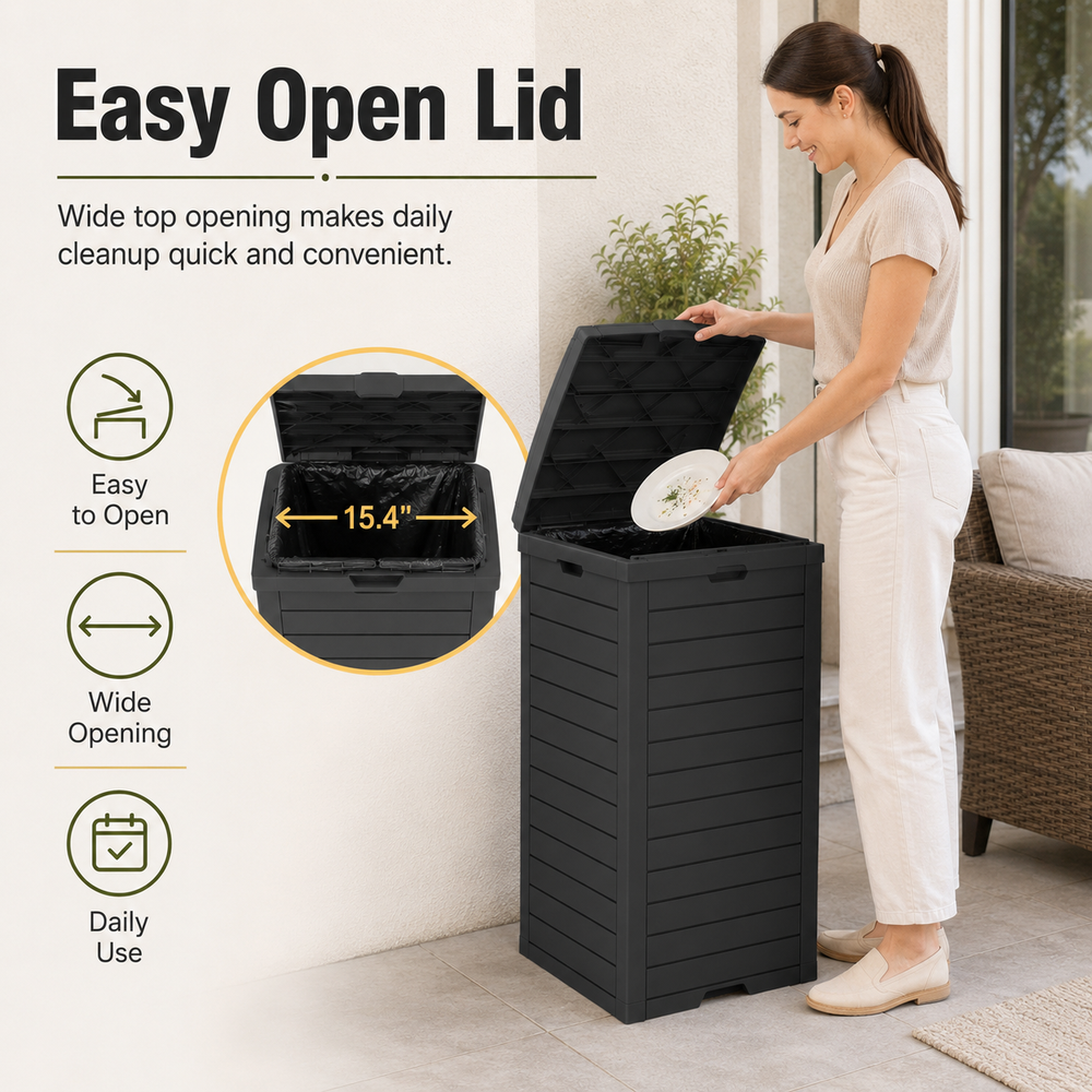 MINDYES 31 Gallon Outdoor Trash Bin with Lid & Drip Tray, Large Hideaway Garbage Can for Porch & Backyard, Black