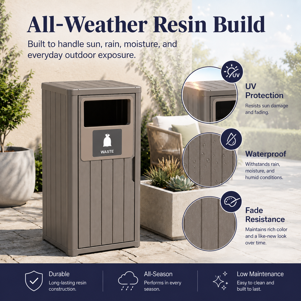 MINDYES Outdoor Trash Can with Garbage Labels, 33 Gallon Waste Container for Porch Backyard, Light Brown