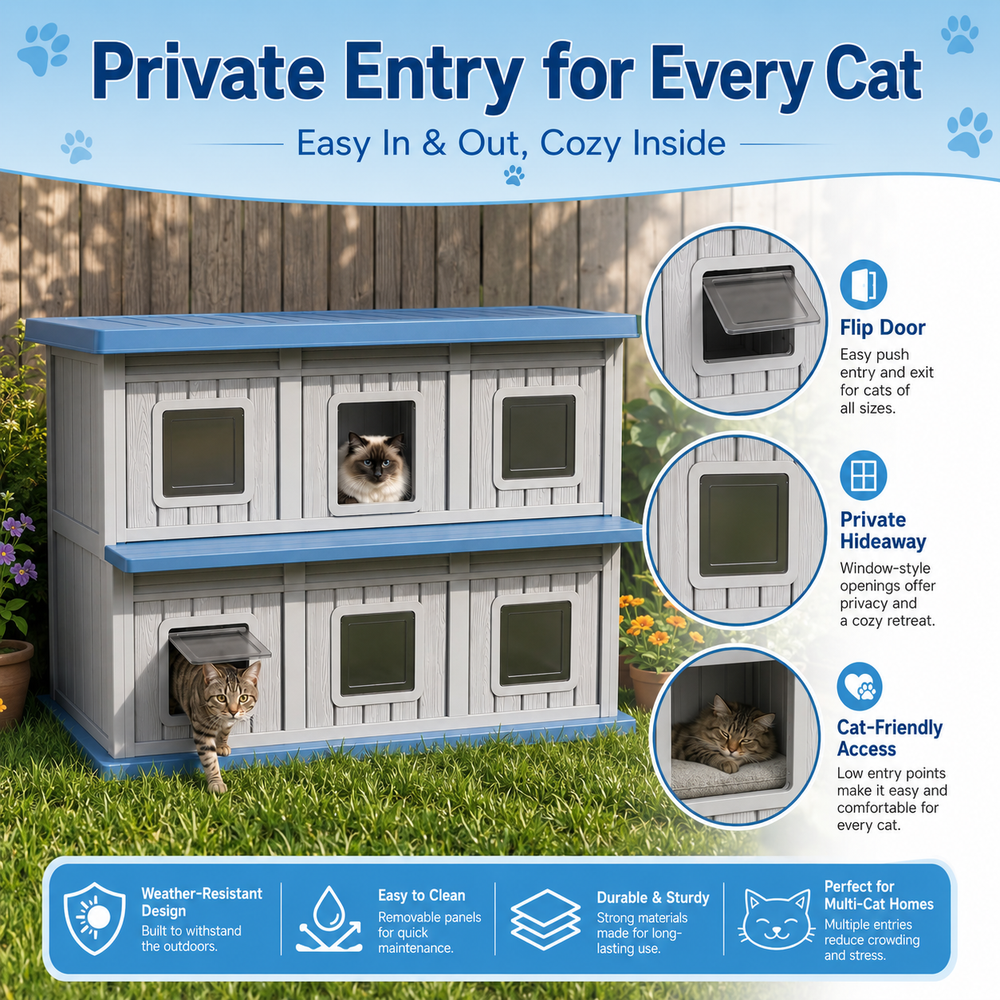 MINDYES Double-Layer Cat Bed, Indoor Outdoor Cat House Pet Shelter with Weatherproof Roof & Thickened Eaves for 6-12 Cats, Blue
