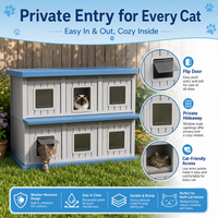MINDYES Double-Layer Cat Bed, Indoor Outdoor Cat House Pet Shelter with Weatherproof Roof & Thickened Eaves for 6-12 Cats, Blue