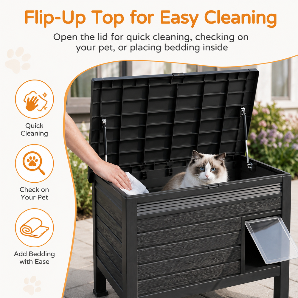 MINDYES Outdoor Cat House with Stent & Weatherproof Roof for Feral Cats & Kittens, Black